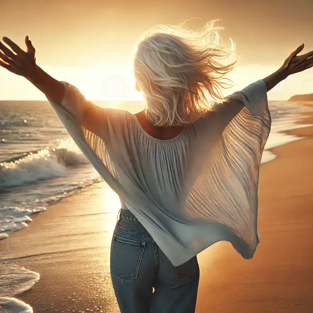 A middle-aged woman with white hair standing on a sandy beach at sunset, her back facing the camera, arms wide open in a moment of joy. She wears casual blue jeans and a light, breezy top. The ocean waves gently touch the shore, with a golden sunset casting a warm glow over the scene. The wind lightly lifts her hair, creating a sense of freedom and serenity. Ultra-realistic, high detail, cinematic lighting, natural textures.