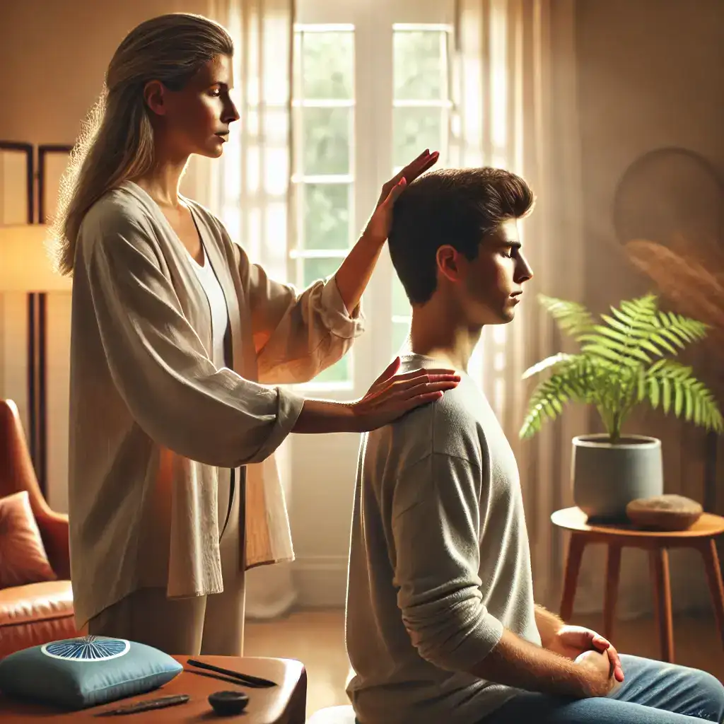 A realistic holistic healing session in a calm, professional setting. A female therapist stands behind a seated patient, gently placing her hands over the patient’s head and chest in a reiki-like practice. The environment is warm and inviting, featuring soft natural lighting, neutral tones, and minimal decor. A peaceful atmosphere with subtle wellness elements such as plants and a comfortable chair. The focus is on authenticity and realism, depicting a genuine therapeutic interaction. High-detail, professional photography style.