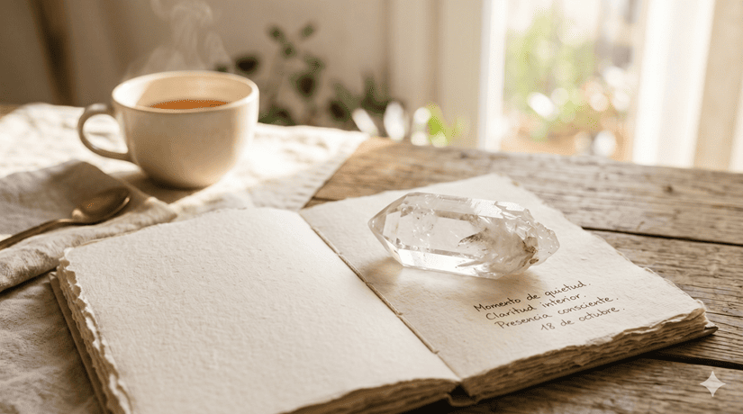 Cuarzo maestro sobre cuaderno para taller avanzado de minerales