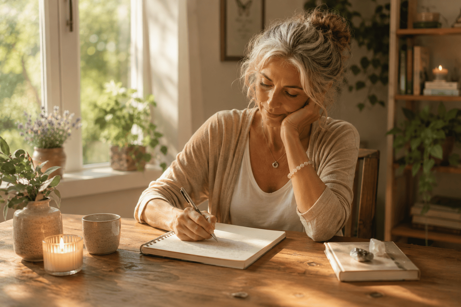 Mujer escribiendo y observando cómo se siente como parte de su bienestar integral