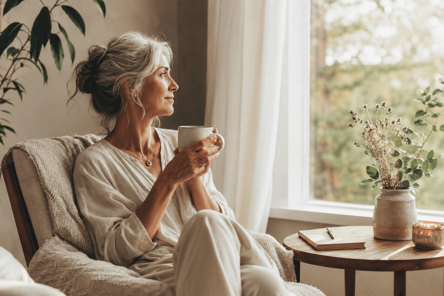 Mujer dedicándose un momento de calma para observar cómo se siente