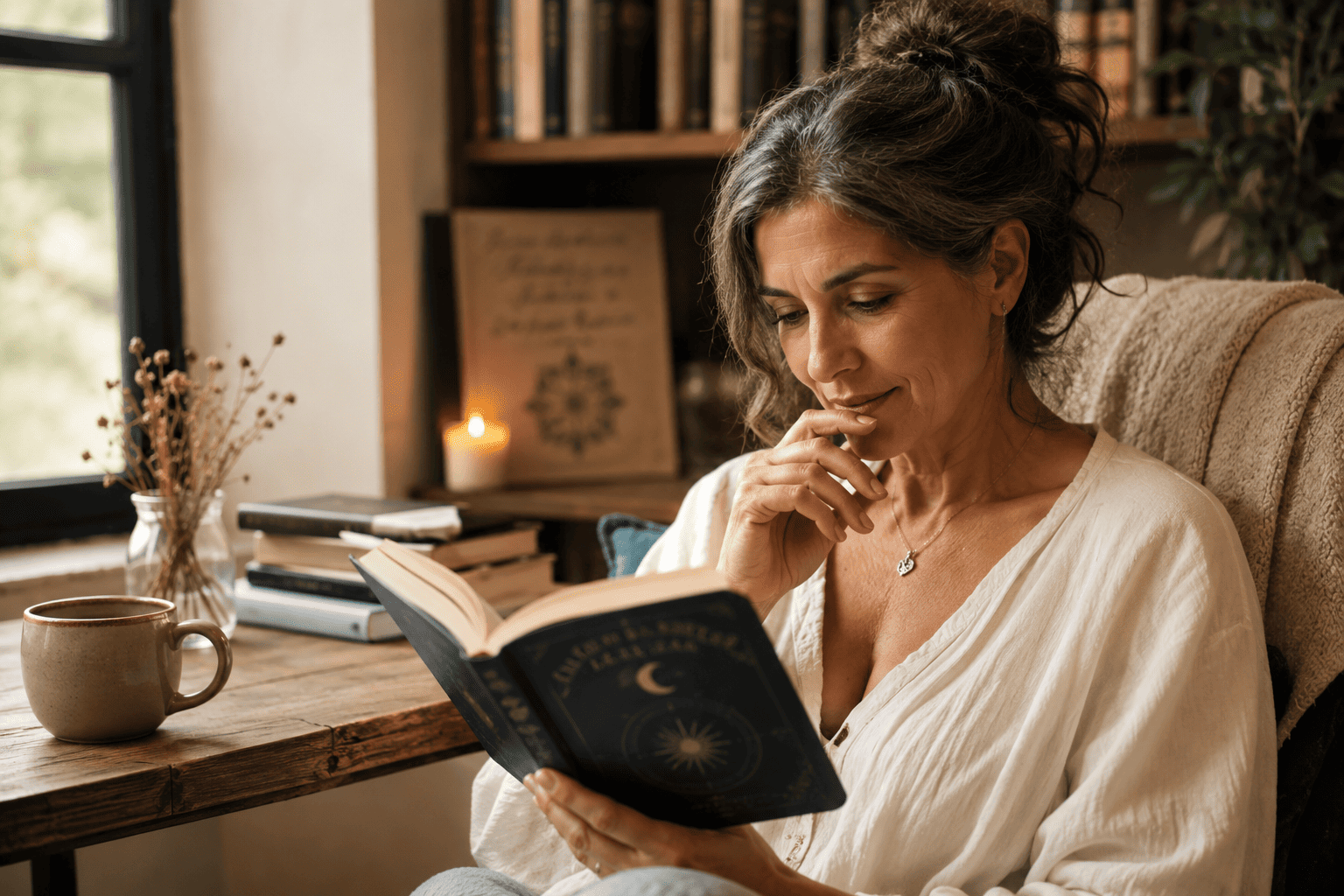 Mujer leyendo un libro para su momento vital