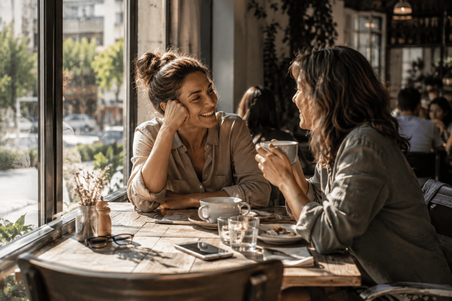 Dos mujeres disfrutando de una conversación y un momento de descanso en su vida cotidiana